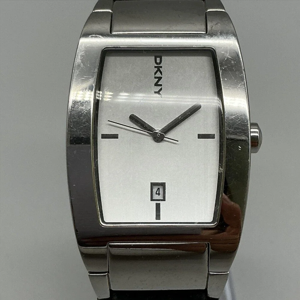 DKNY Mens Watch 31mm Silver Tone Black Leather Classic Date NY-3123 New Batt
